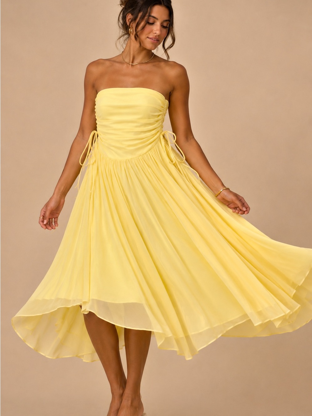 Banana Republic Strapless Yellow Midi Dress with Ruched Bodice